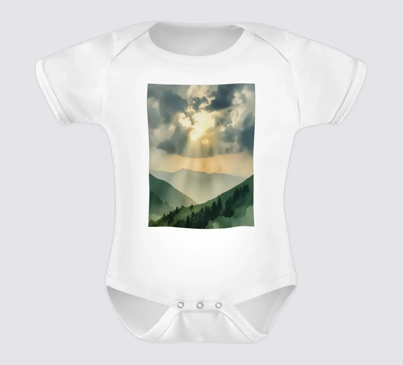 Paesaggio montano con raggi di sole body neonato maniche corte da DesignDoodle
