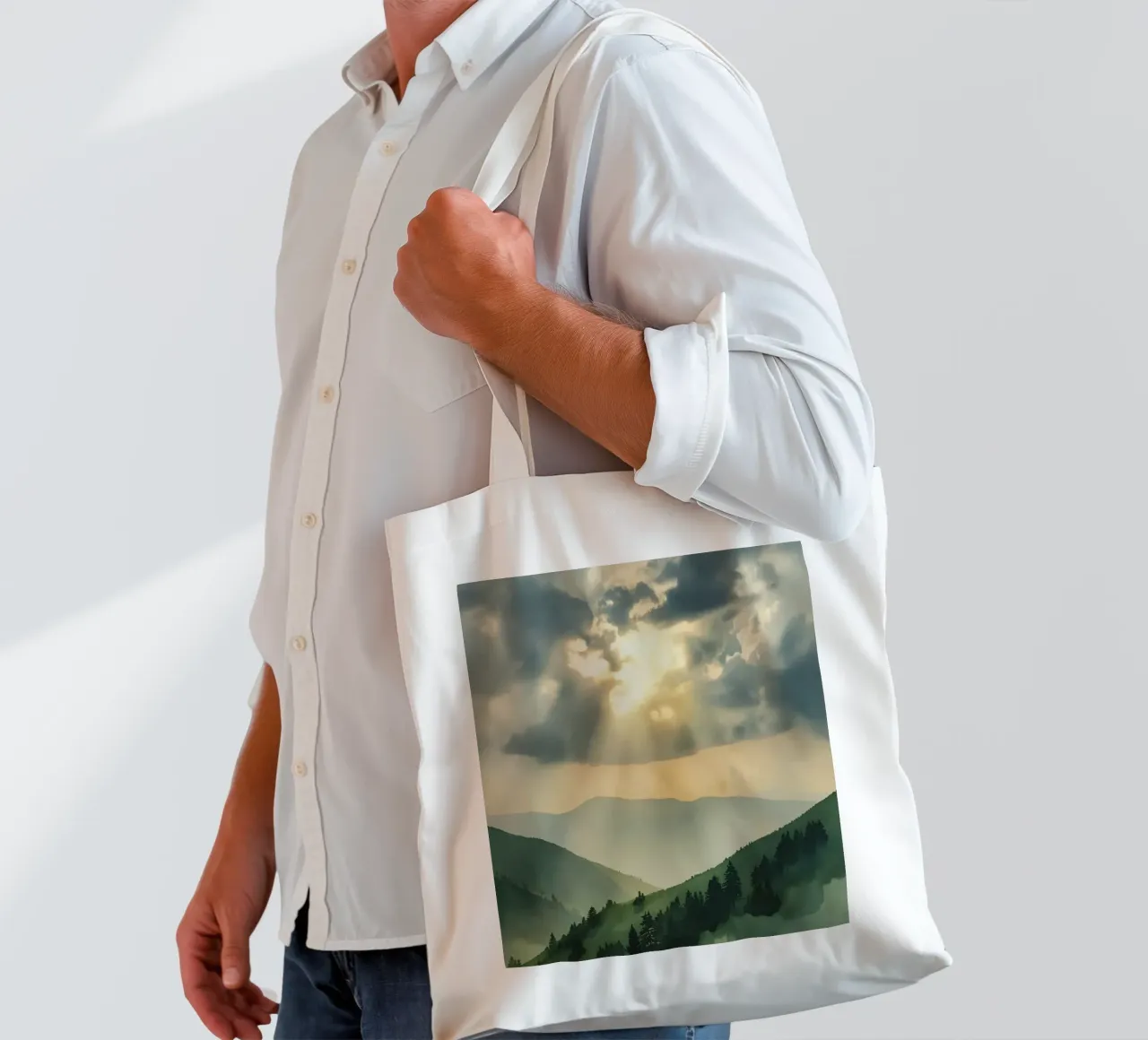 Paesaggio montano con raggi di sole borsa in juta da DesignDoodle