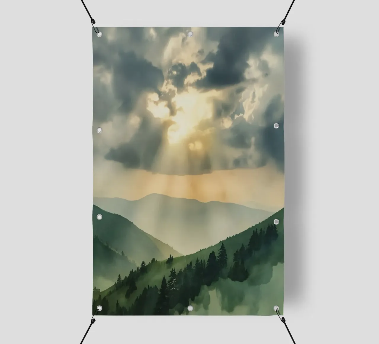 Paesaggio montano con raggi di sole telo in pvc da DesignDoodle