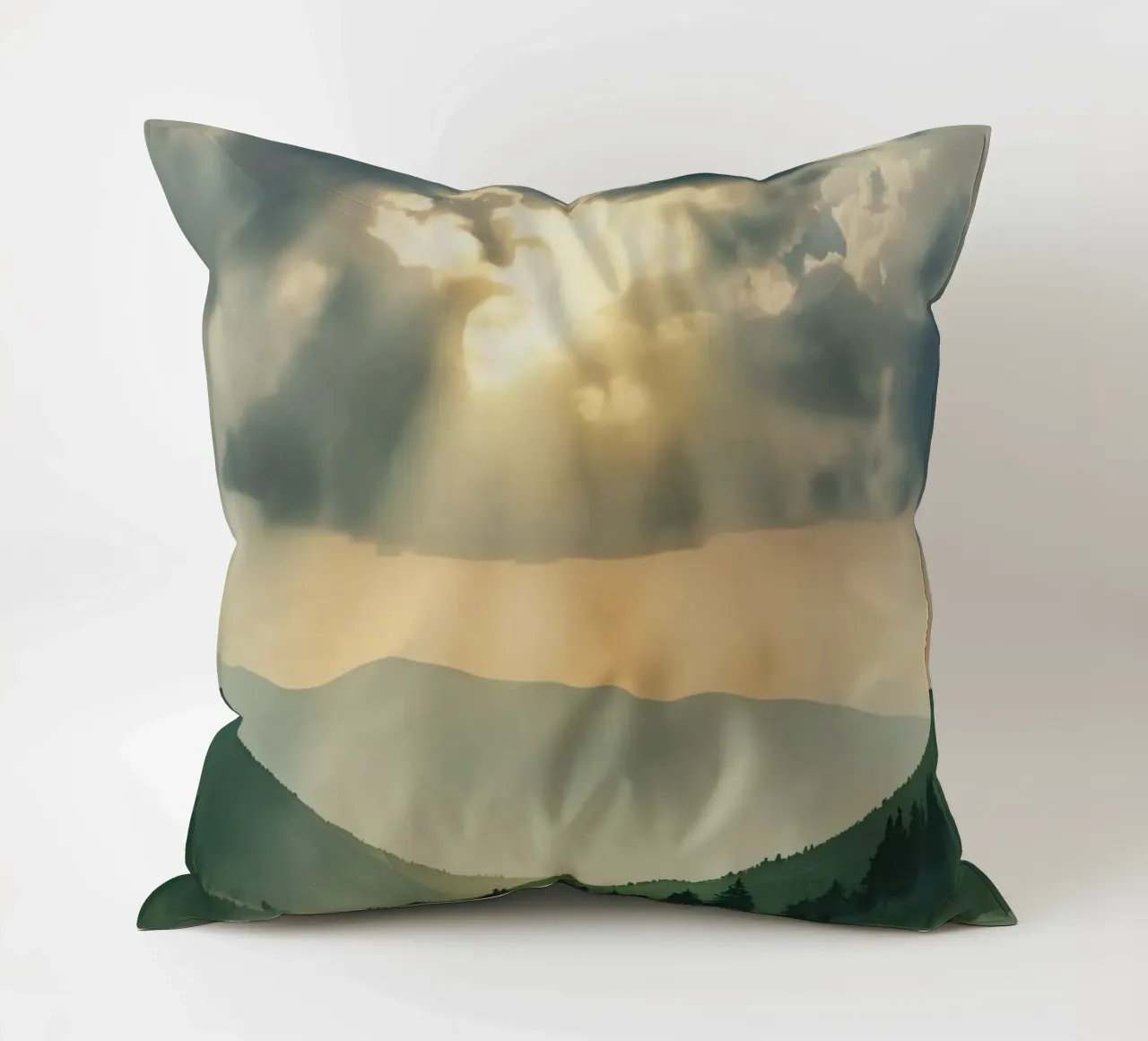 Paesaggio montano con raggi di sole cuscino da DesignDoodle