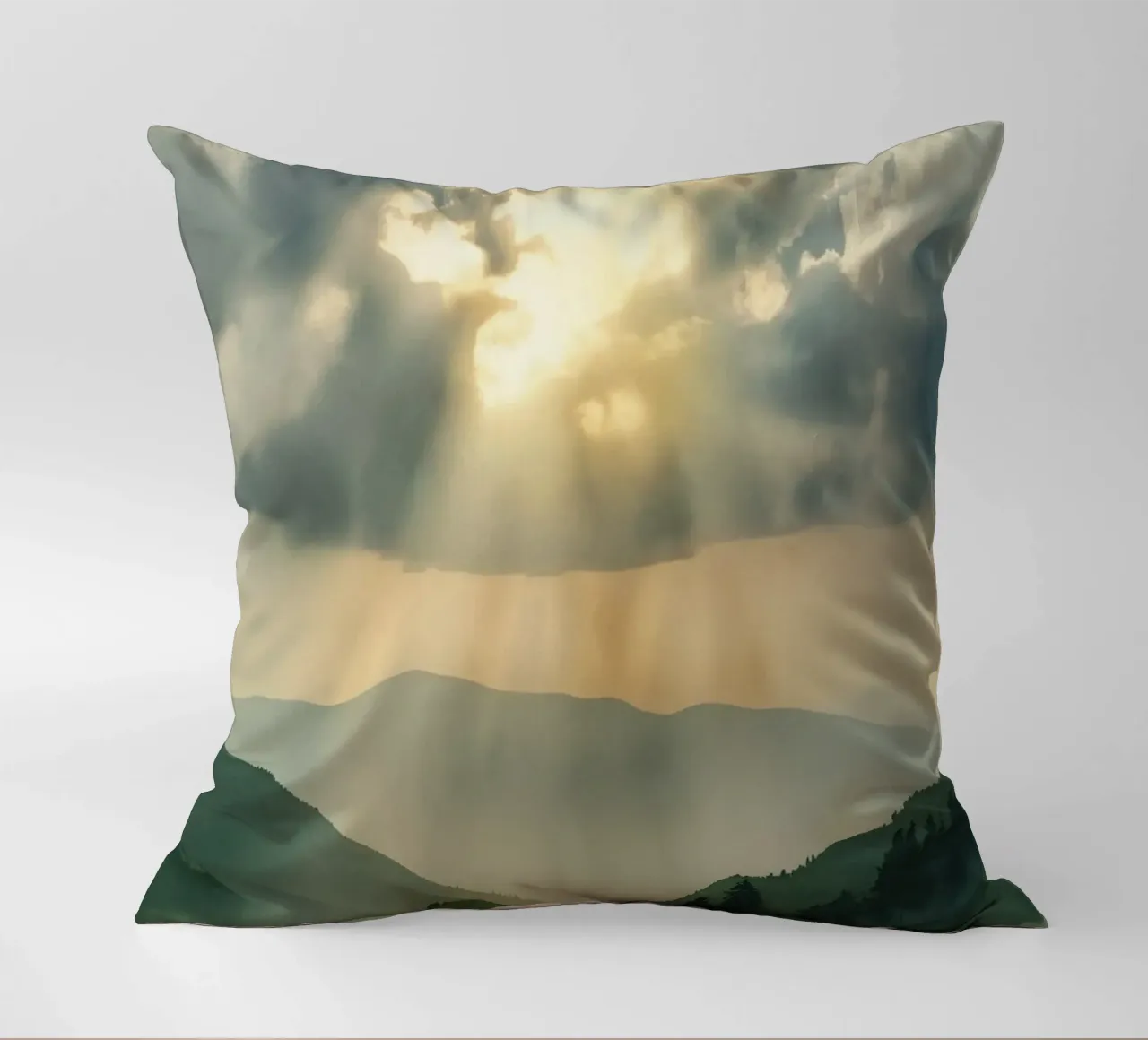 Paesaggio montano con raggi di sole cuscino da DesignDoodle