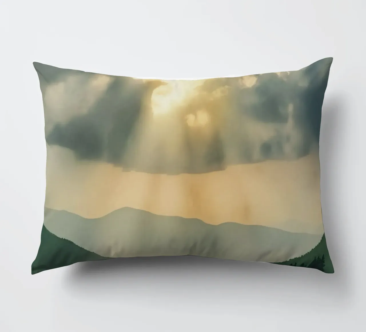 Paesaggio montano con raggi di sole cuscino da DesignDoodle