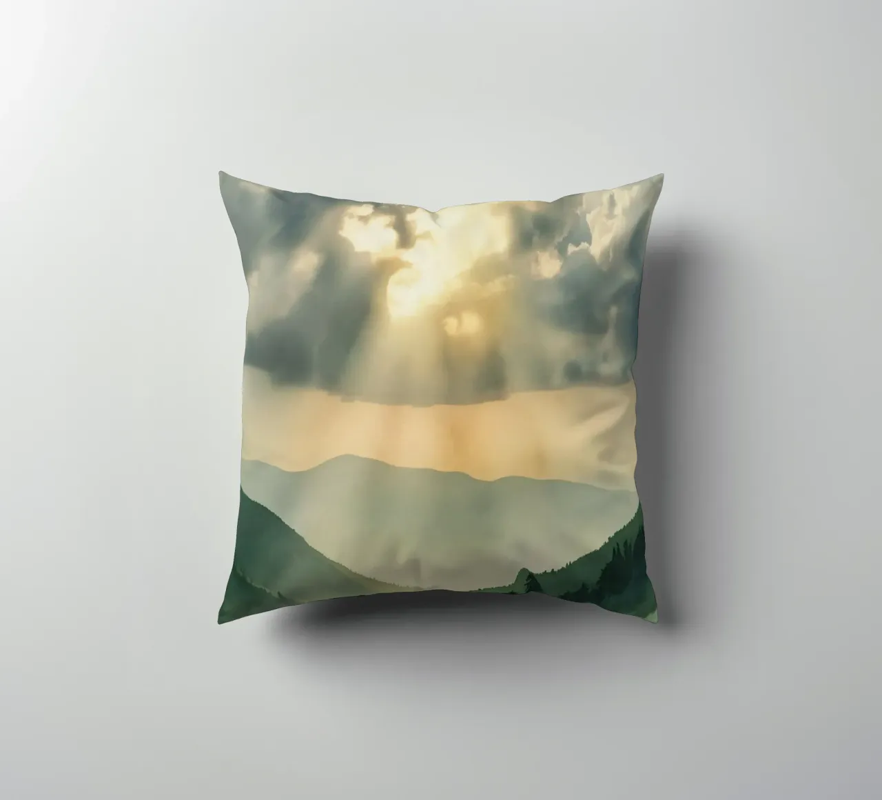 Paesaggio montano con raggi di sole cuscino da DesignDoodle