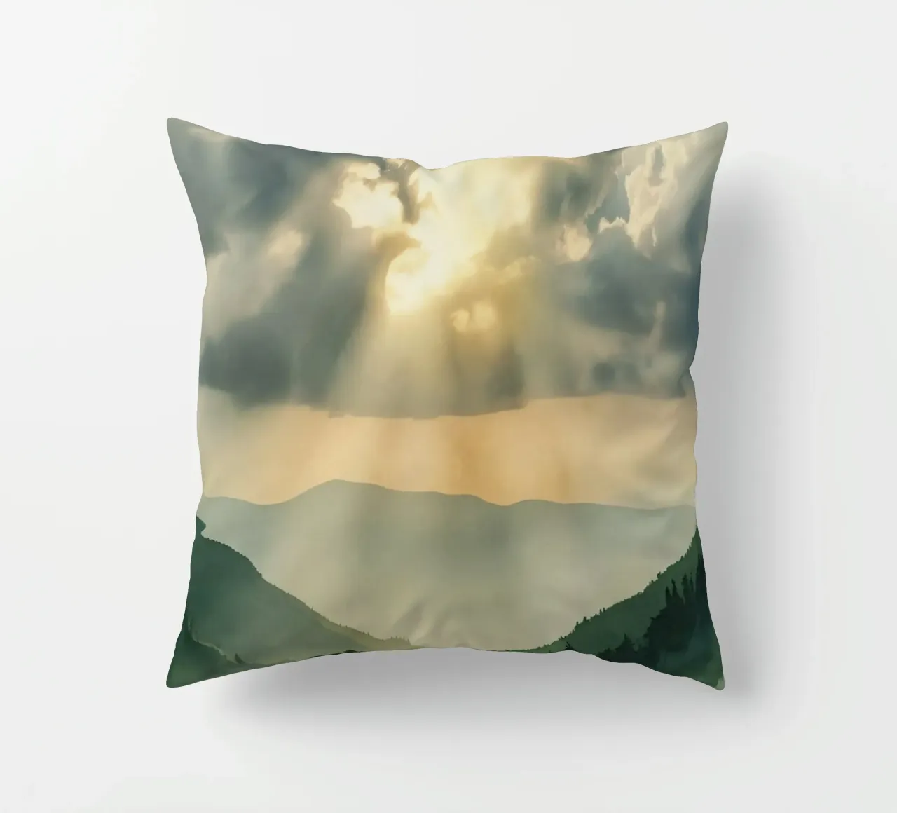 Paesaggio montano con raggi di sole cuscino da DesignDoodle