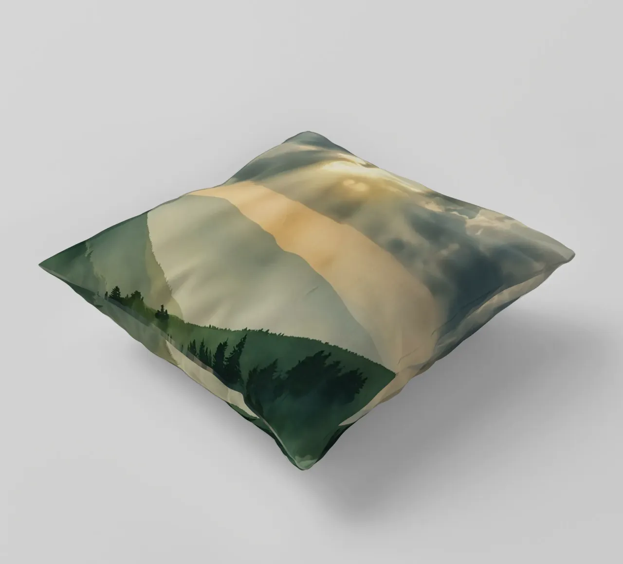 Paesaggio montano con raggi di sole cuscino da DesignDoodle