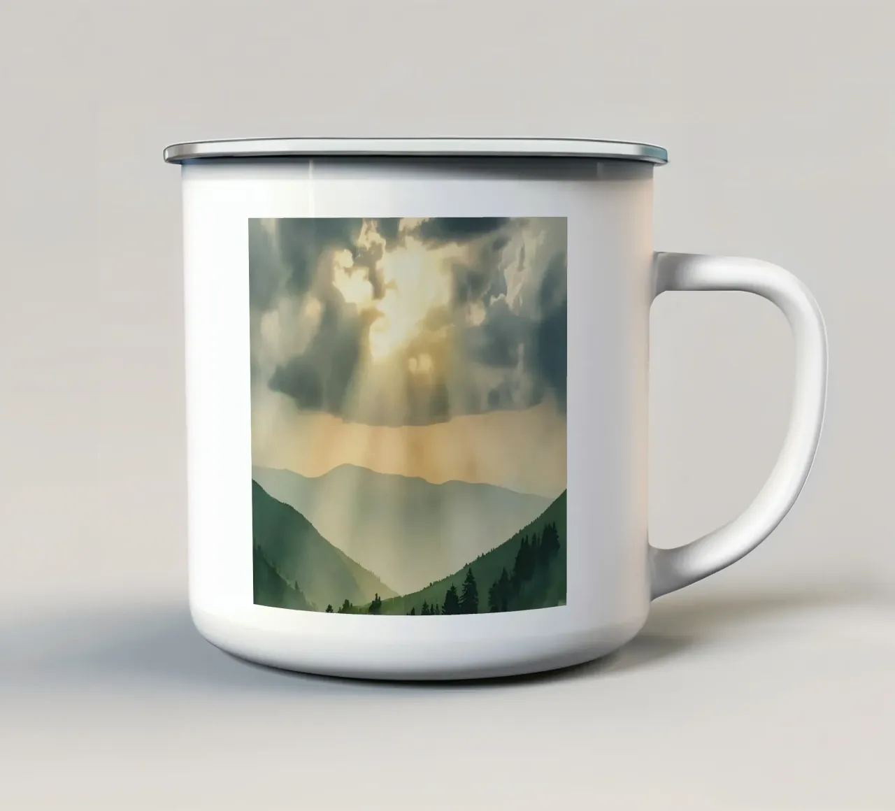 Paesaggio montano con raggi di sole tazza in smalto da DesignDoodle