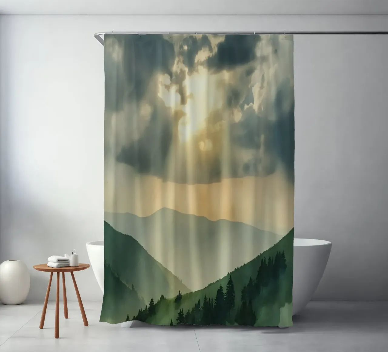 Paesaggio montano con raggi di sole tenda da doccia da DesignDoodle