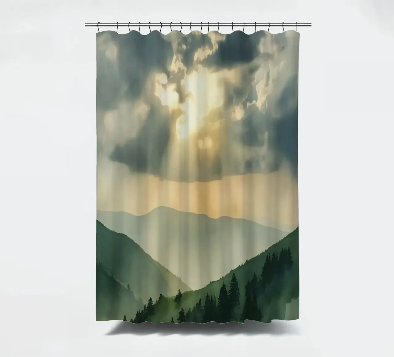 Paesaggio montano con raggi di sole tenda da doccia da DesignDoodle