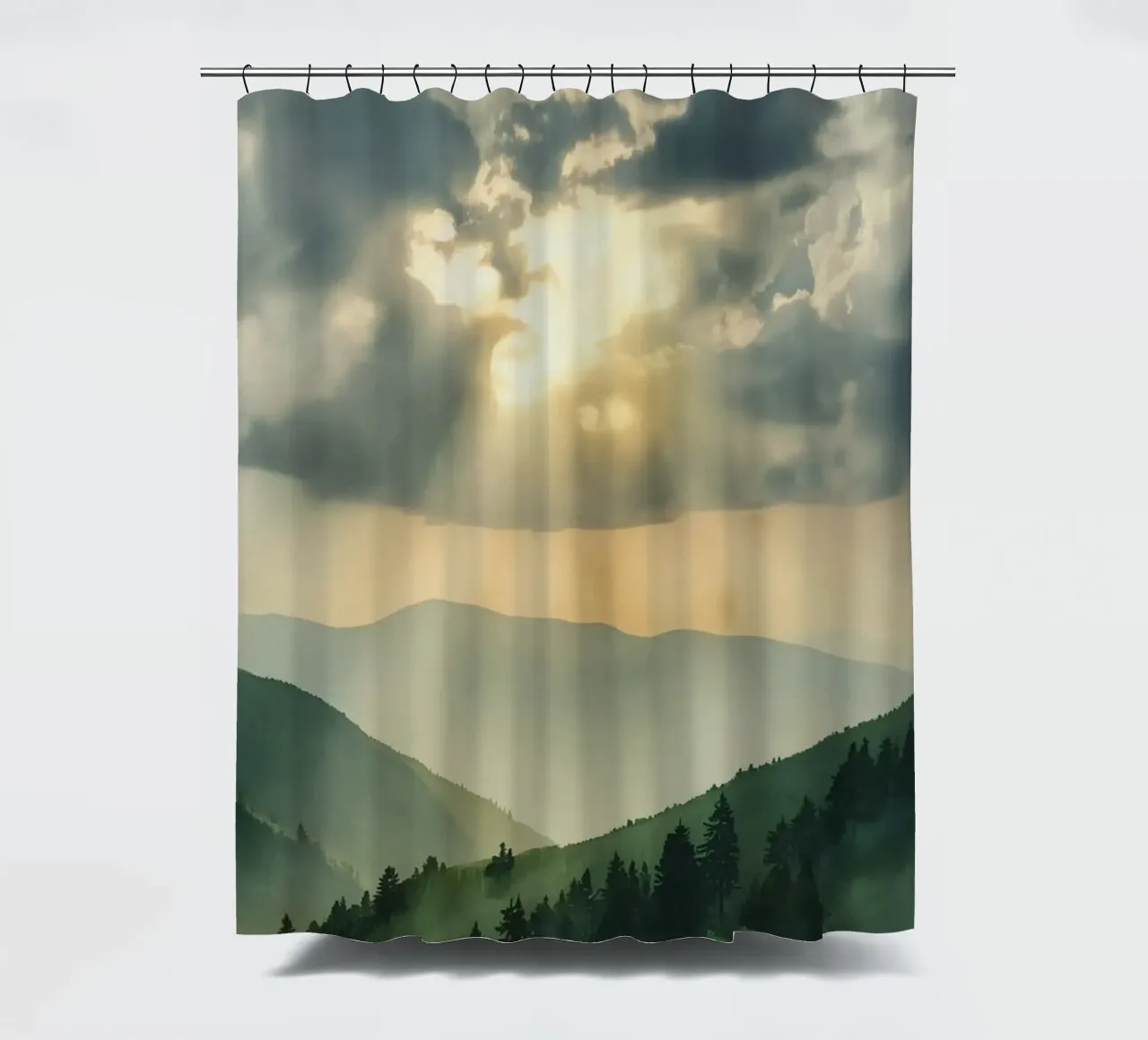 Paesaggio montano con raggi di sole tenda da doccia da DesignDoodle