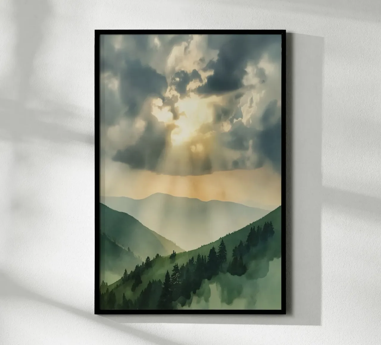 Paesaggio montano con raggi di sole carta hahnemühle da DesignDoodle