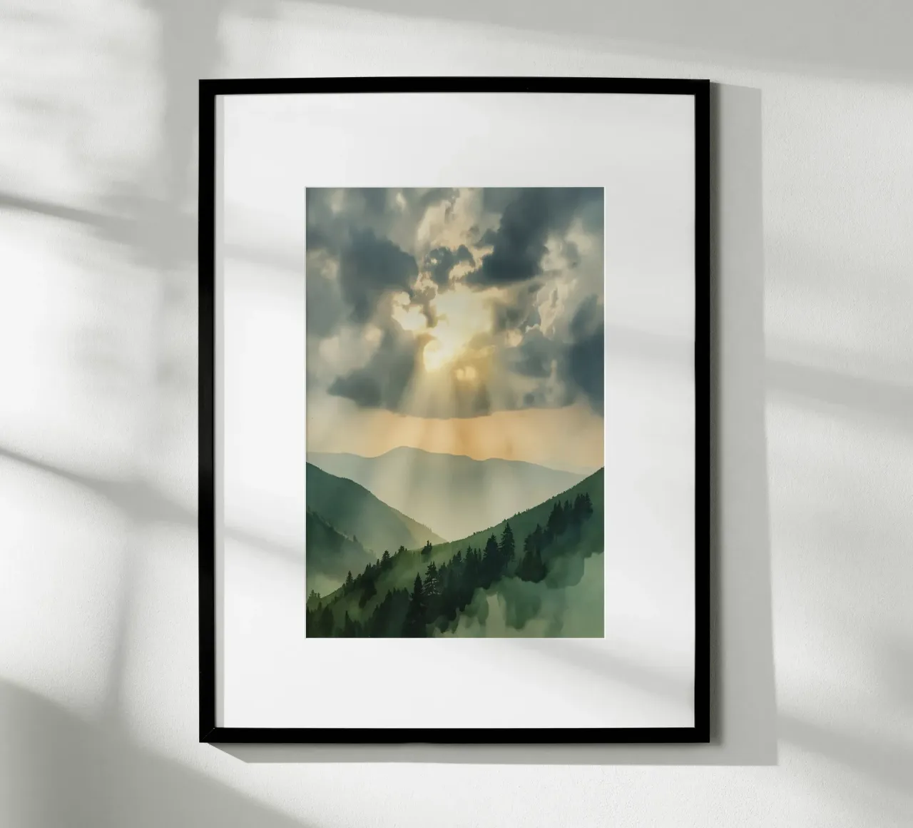 Paesaggio montano con raggi di sole carta hahnemühle da DesignDoodle