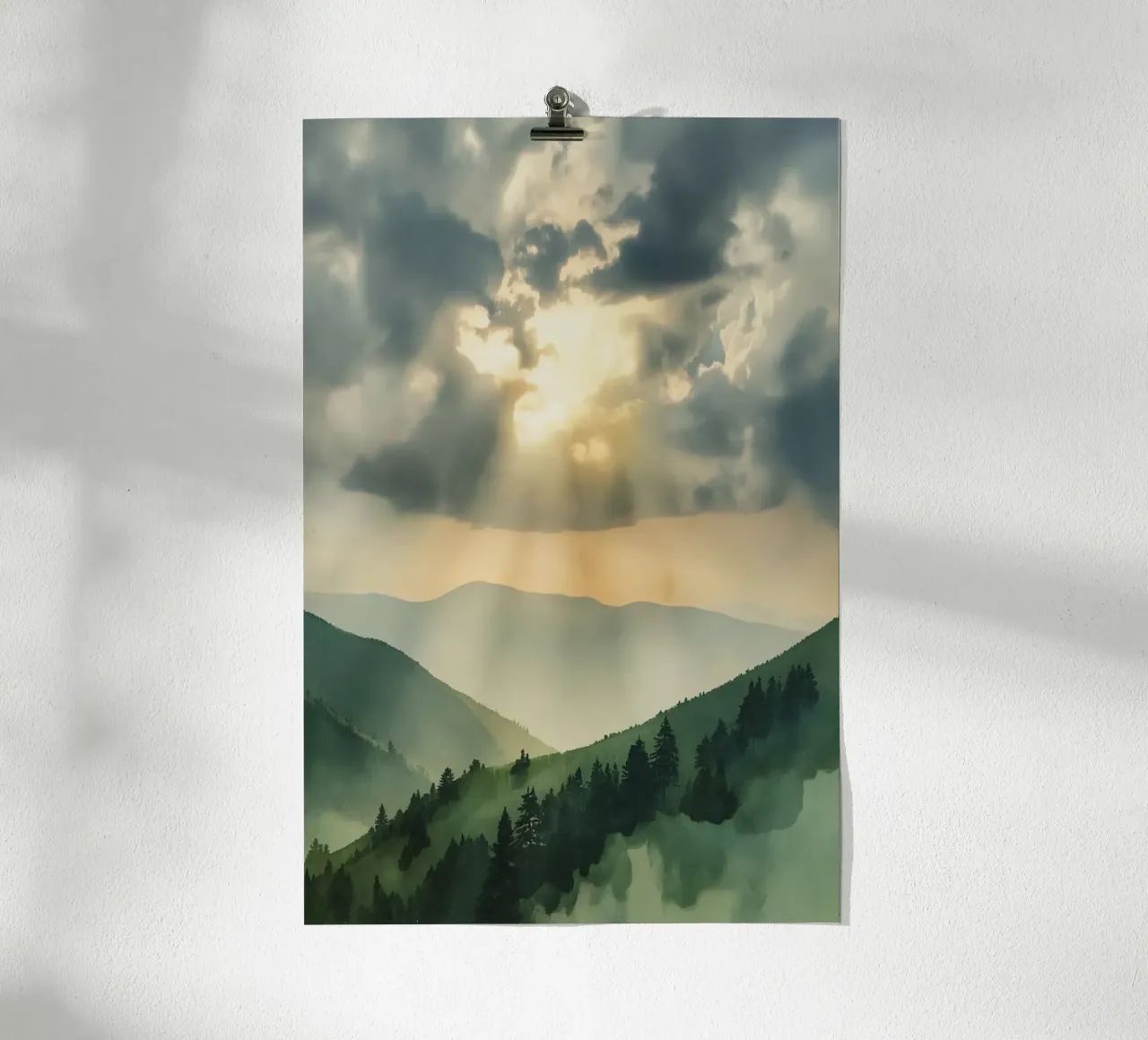 Paesaggio montano con raggi di sole carta hahnemühle da DesignDoodle