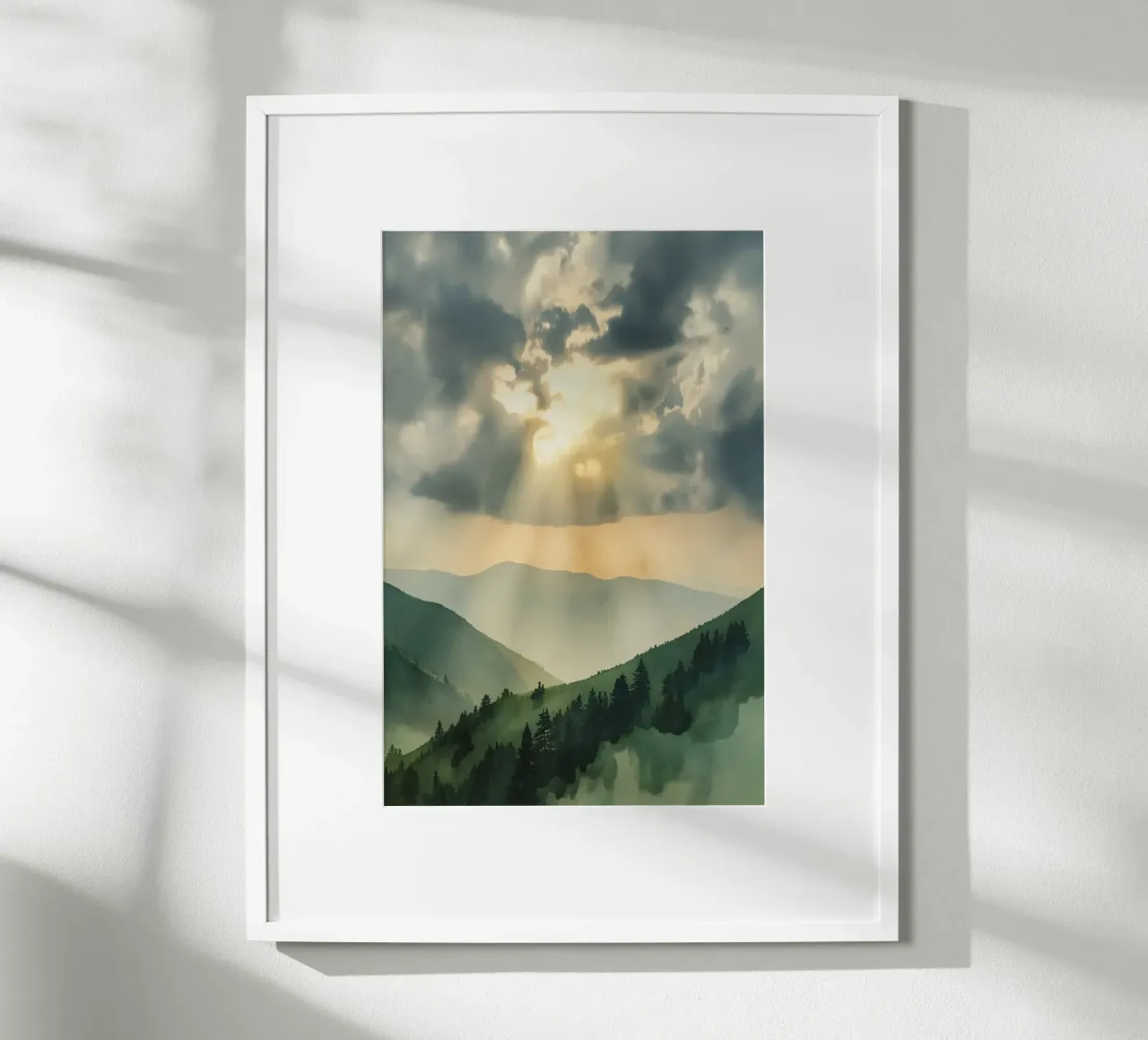 Paesaggio montano con raggi di sole carta hahnemühle da DesignDoodle