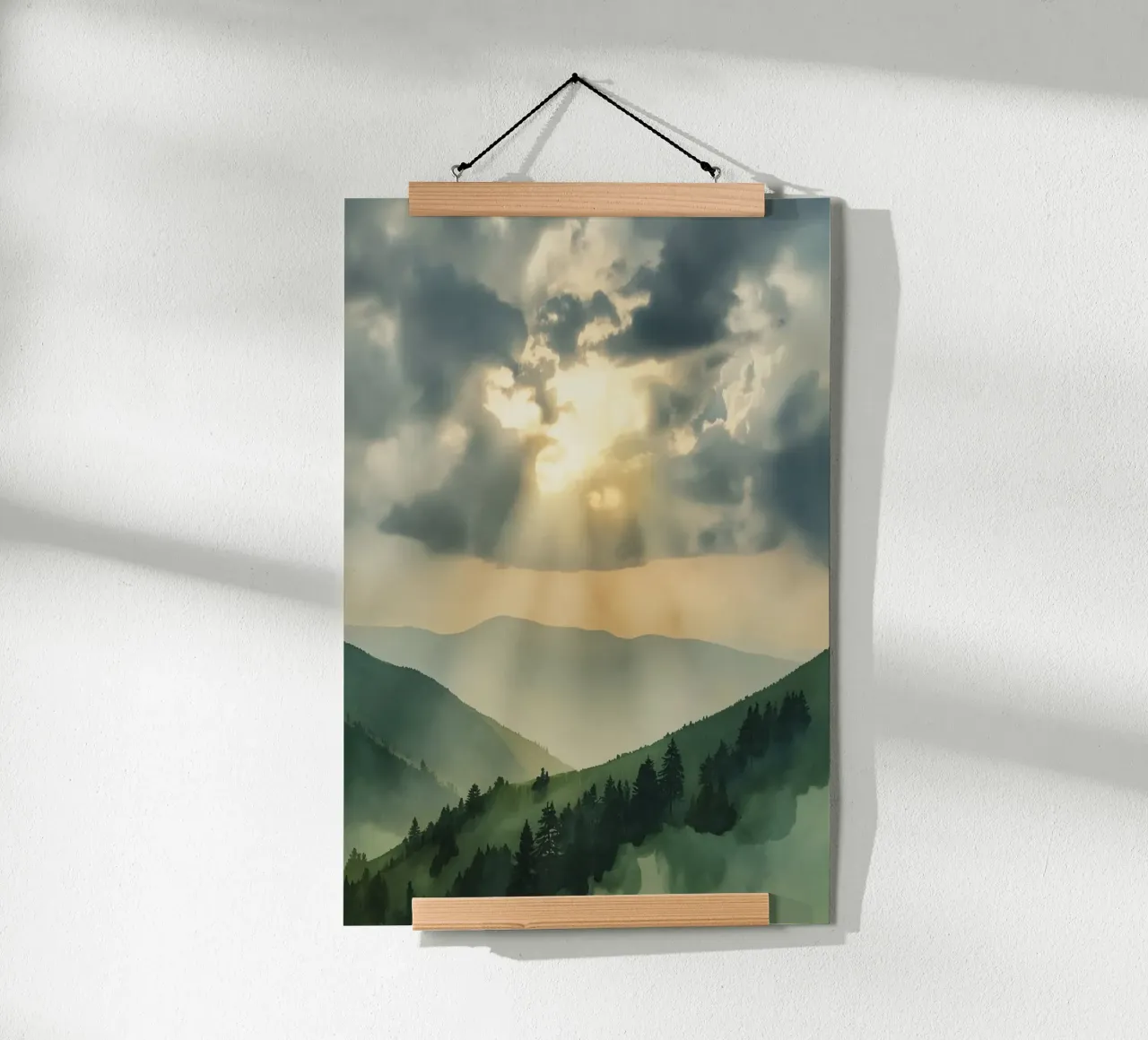 Paesaggio montano con raggi di sole carta hahnemühle da DesignDoodle