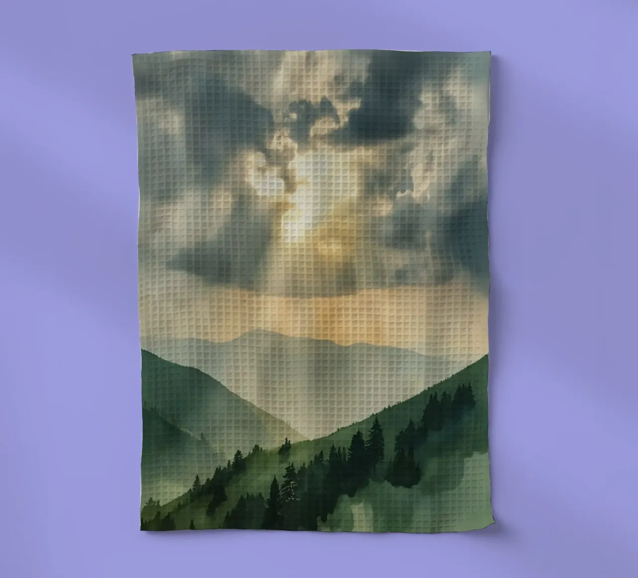 Paesaggio montano con raggi di sole canovaccio da cucina da DesignDoodle