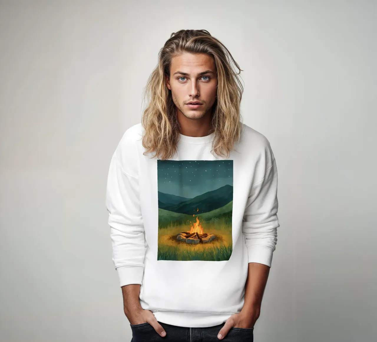 Accogliente falò notturno sulle colline erbose felpa da DesignDoodle