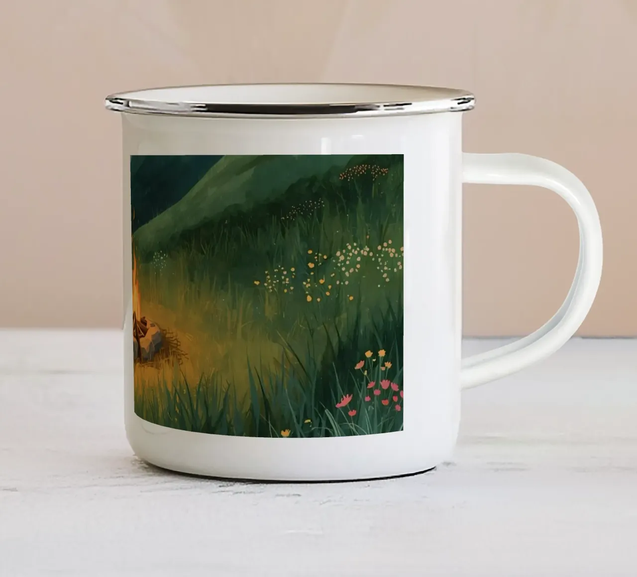 Accogliente falò notturno sulle colline erbose tazza in smalto da DesignDoodle