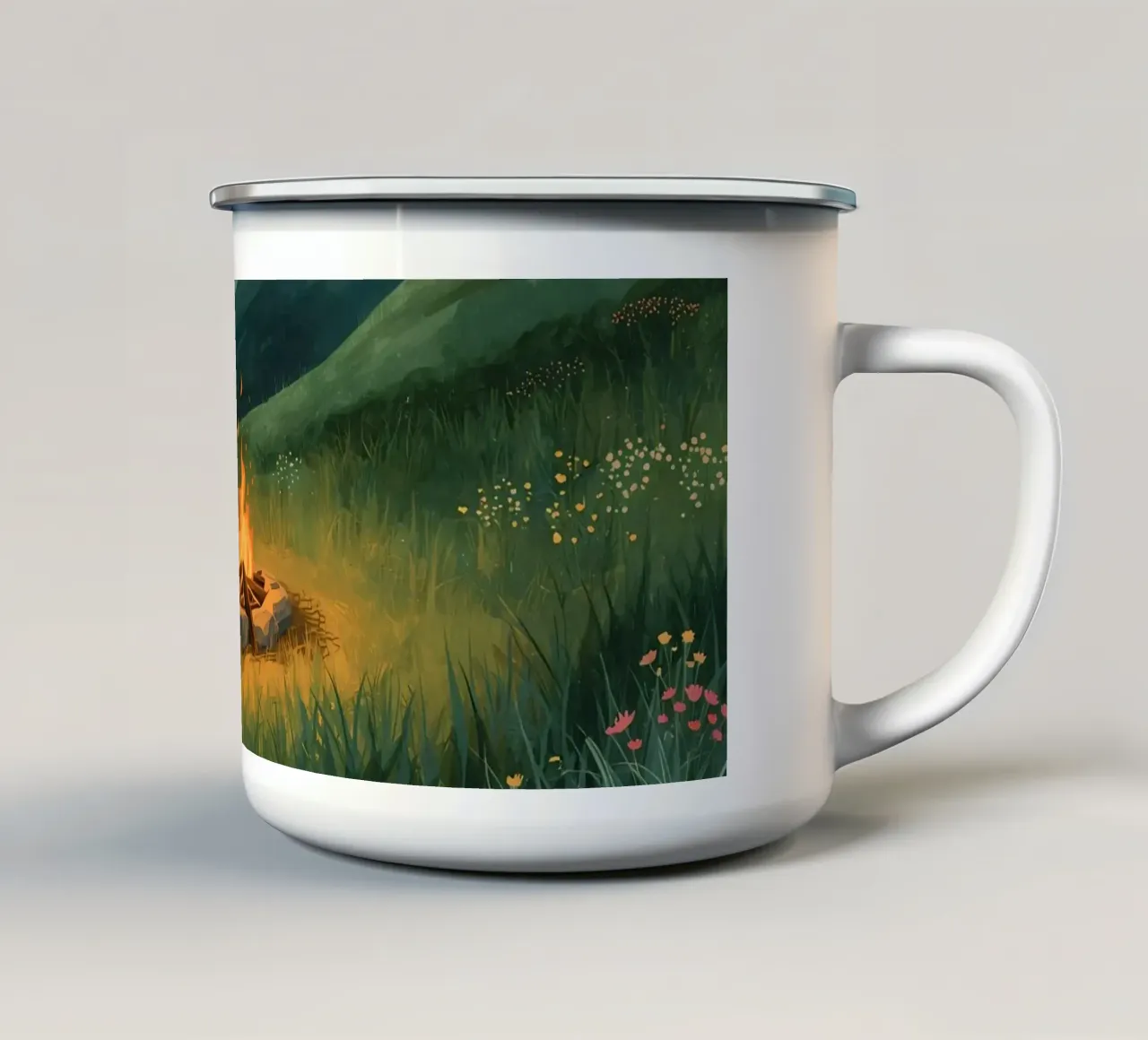 Accogliente falò notturno sulle colline erbose tazza in smalto da DesignDoodle