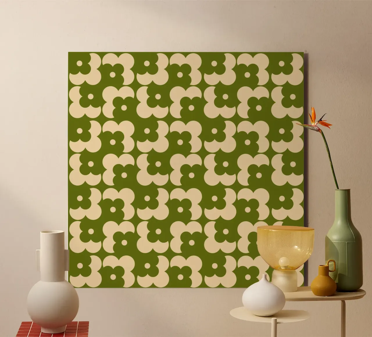 Green fall retro 60s floral pattern alluminio dibond da TijanaArtStudio88