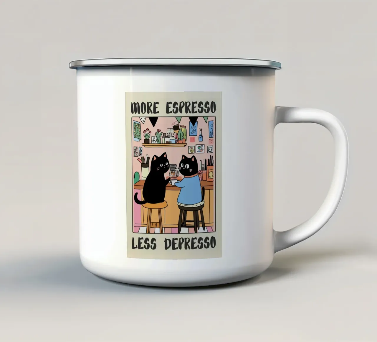 More Espresso Less Depresso – Black Cat Coffee tazza in smalto da mary shop