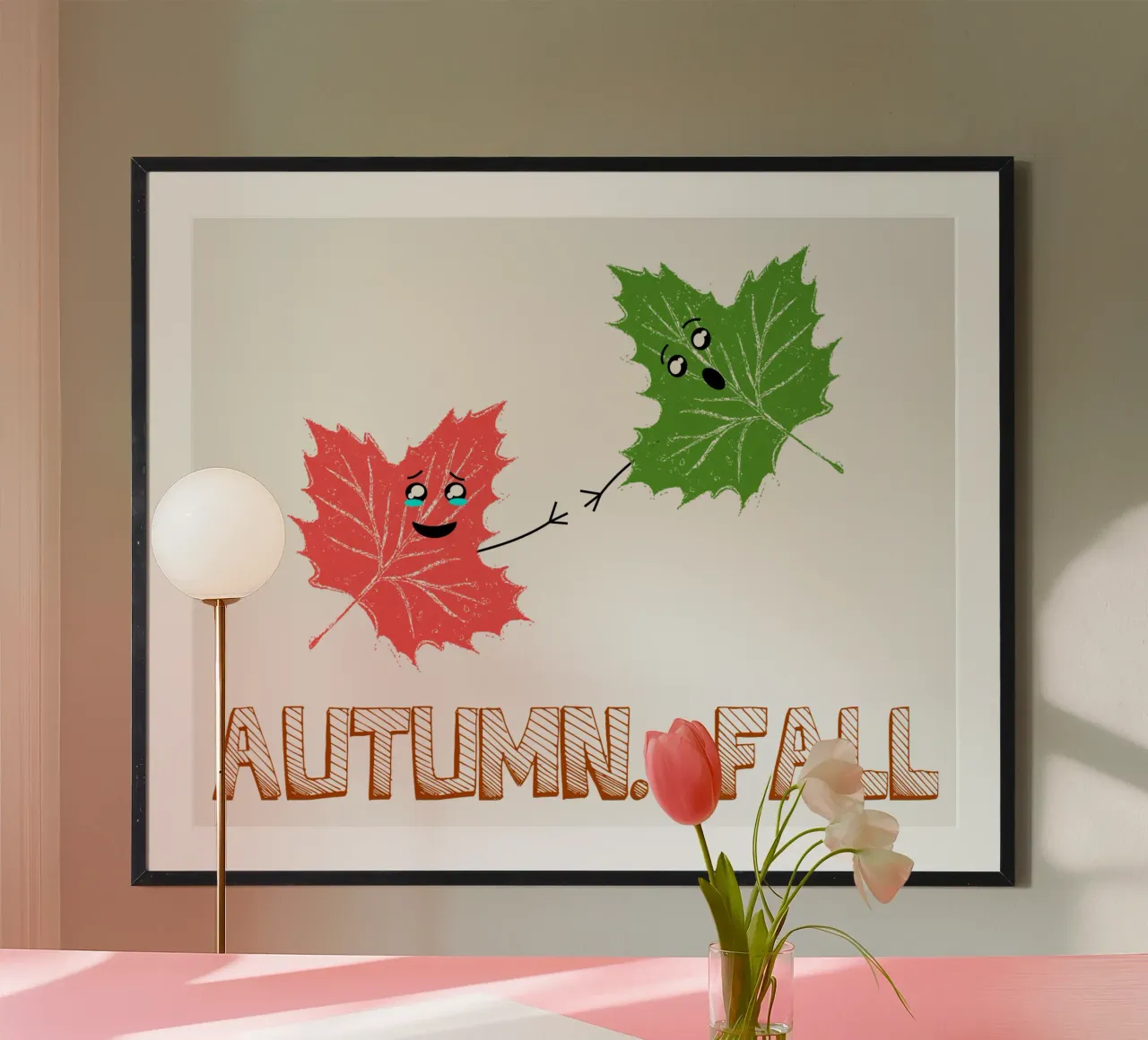 Carino Kawaii Maple Leafs Autunno Autunno Cartone Animato Divertente poster con telaio in legno da sillyindustries