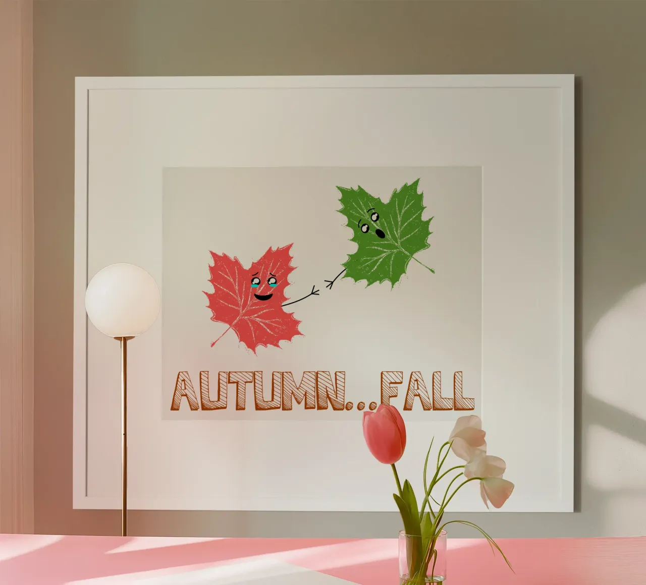Carino Kawaii Maple Leafs Autunno Autunno Cartone Animato Divertente poster con telaio in legno da sillyindustries