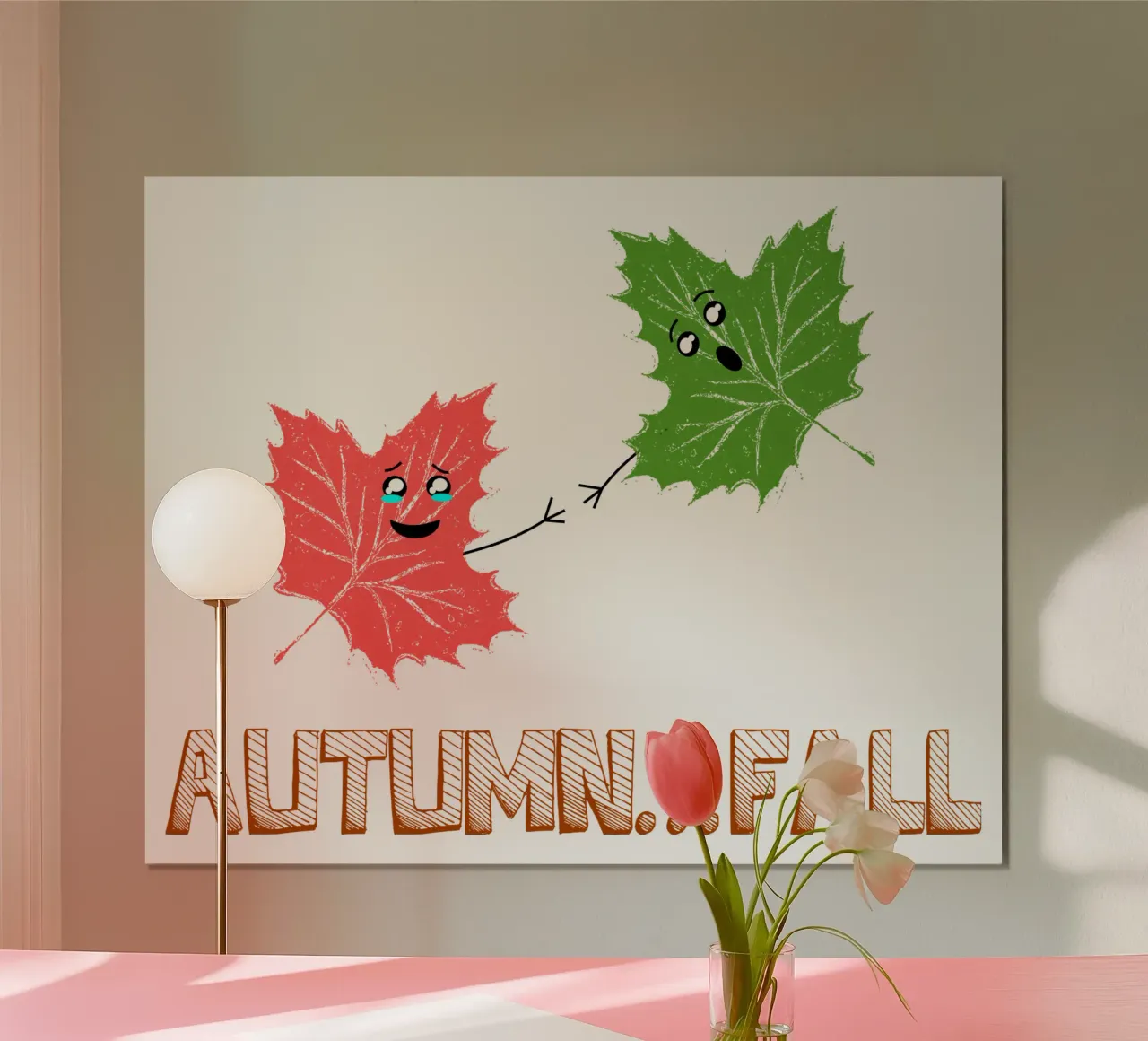 Carino Kawaii Maple Leafs Autunno Autunno Cartone Animato Divertente poster con telaio in legno da sillyindustries