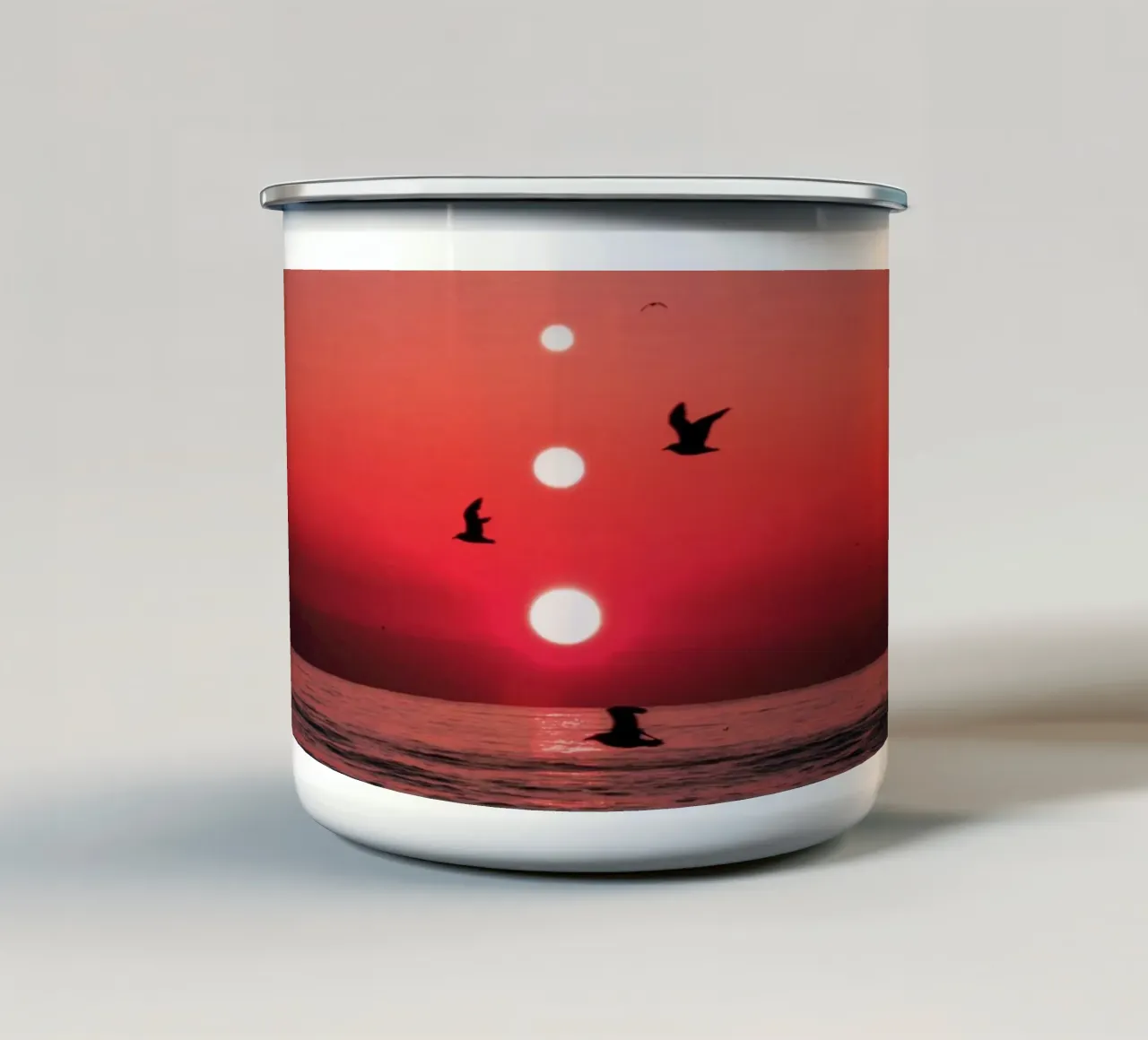 Tre tramonti e uccelli tazza in smalto da arizrab