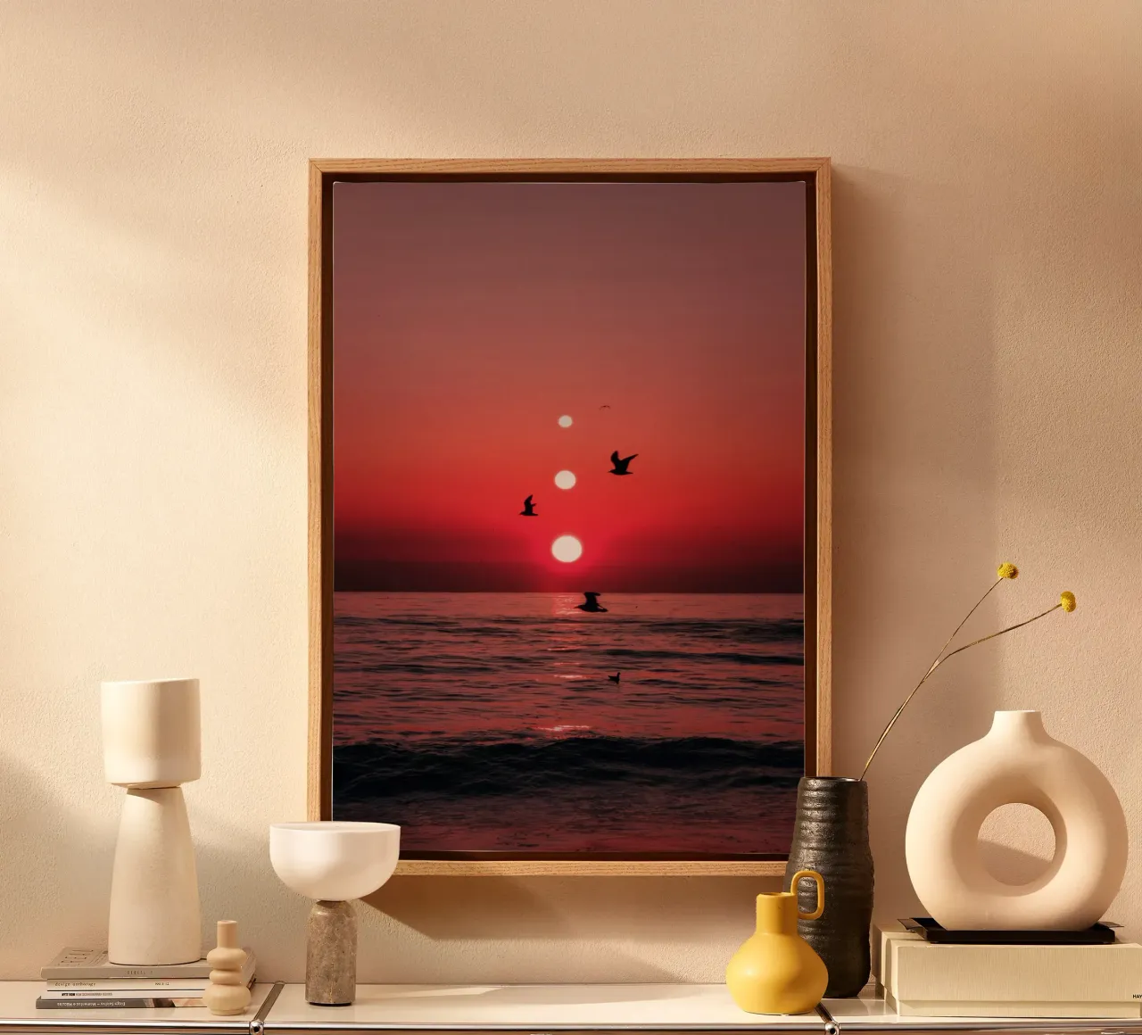 Three Sunsets And Birds canvas with Floater frame by arizrab