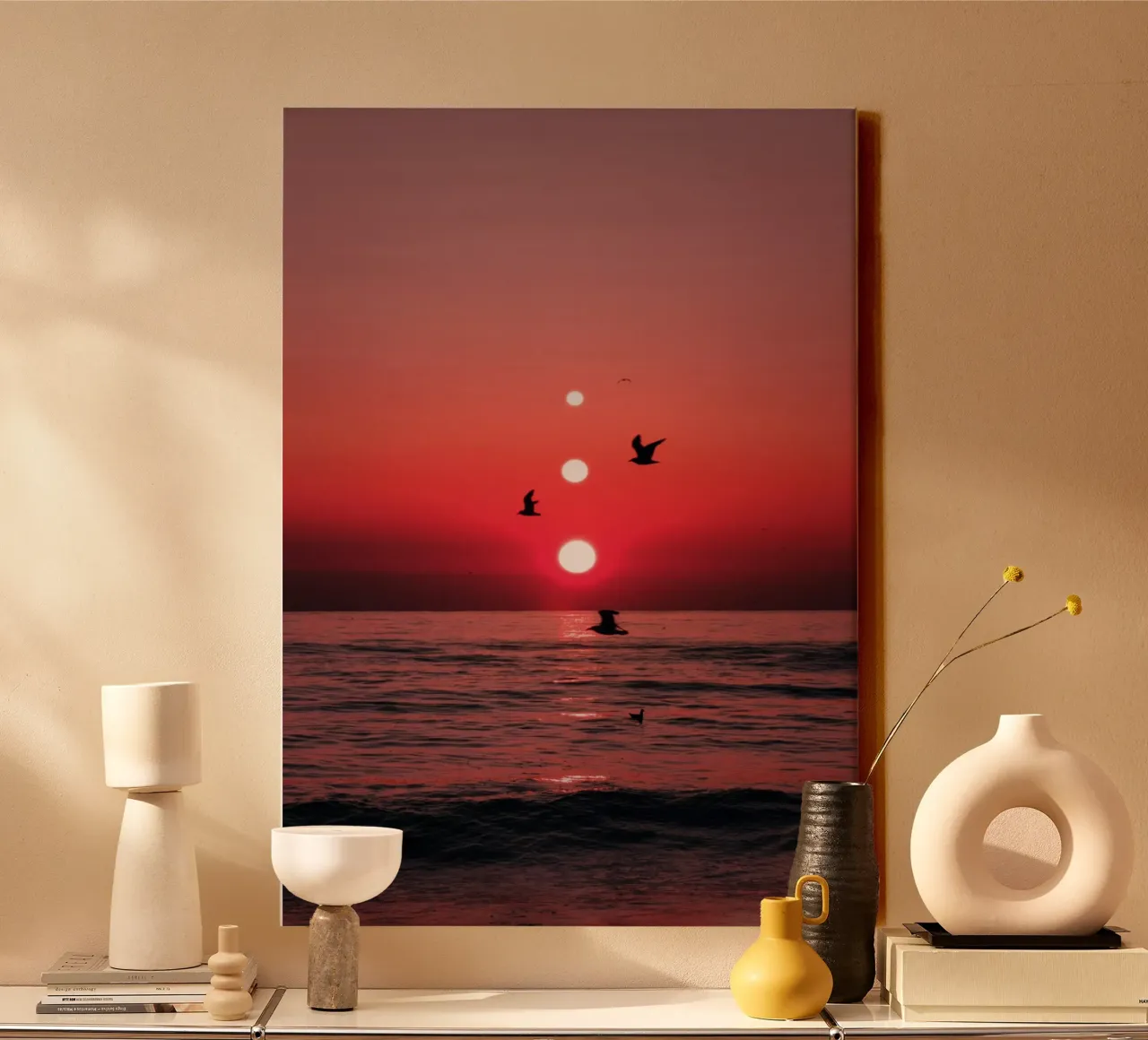 Three Sunsets And Birds canvas with Floater frame by arizrab