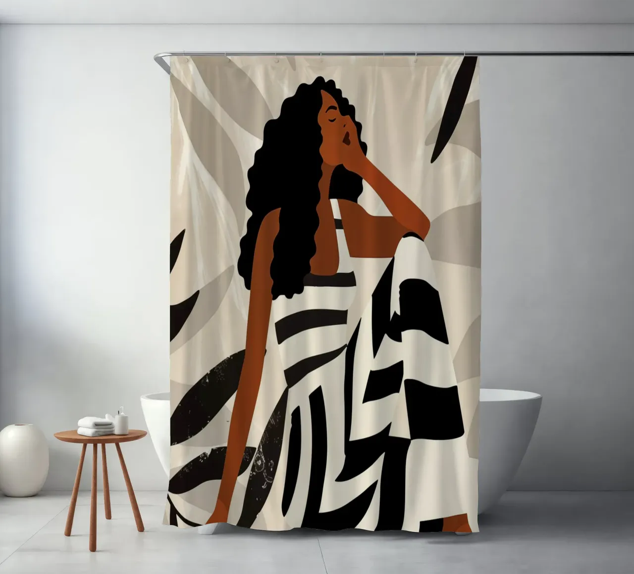 Boho zebra vrouw | stijl ontmoet sereniteit douchegordijn van Autofocus