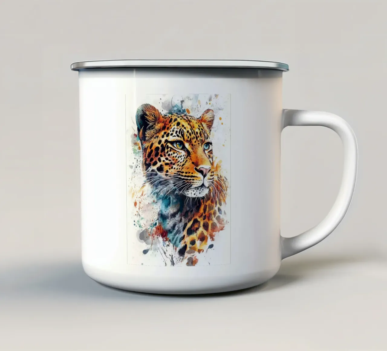 Ritratto acquerellato di leopardo tazza in smalto da Barbara Wright