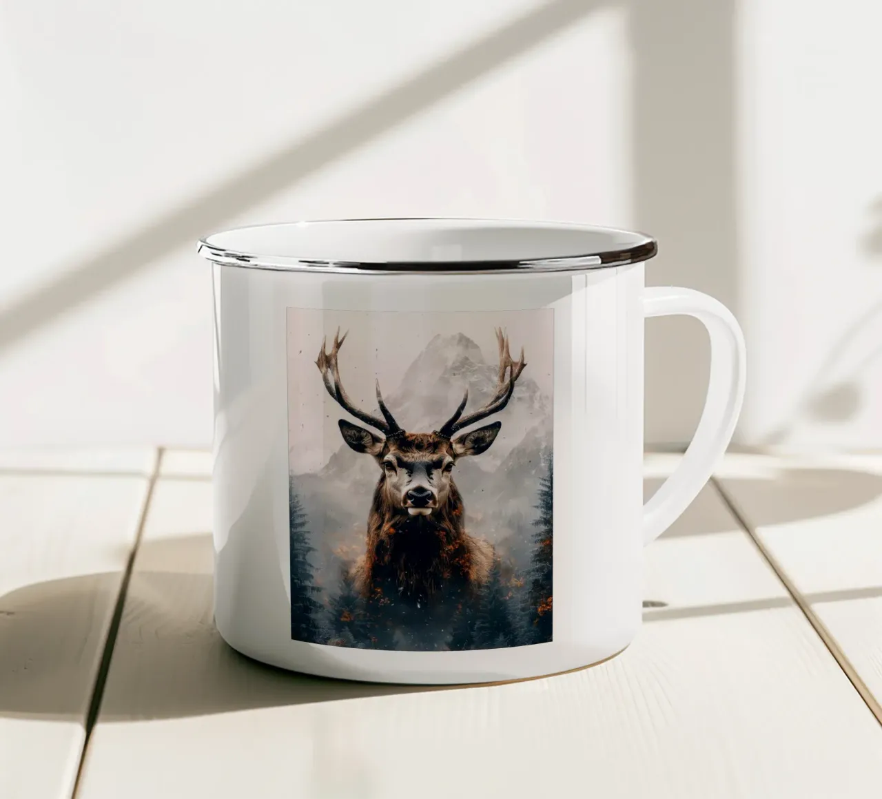 Cervi maestosi in montagna tazza in smalto da Barbara Wright