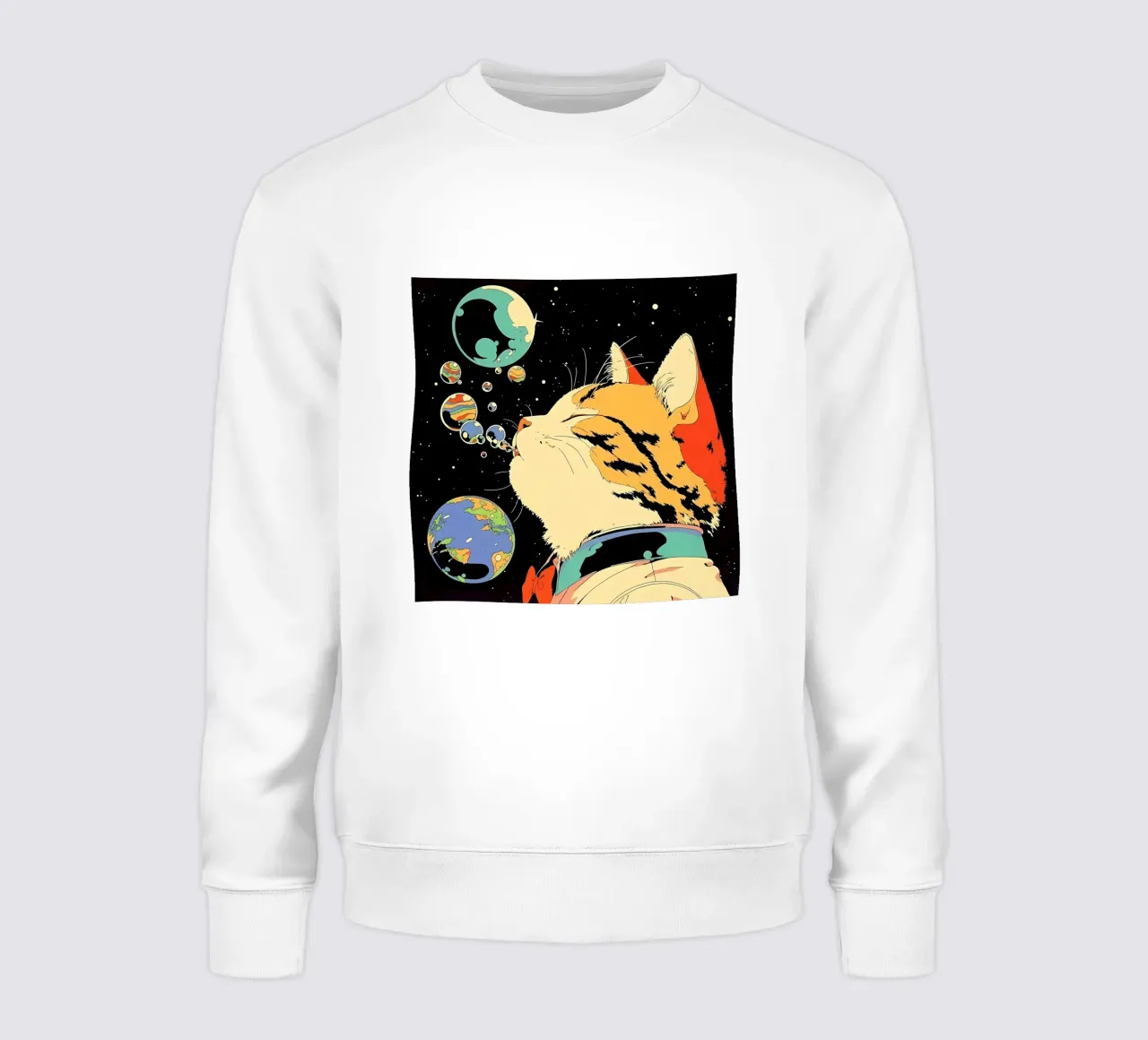 Space Cat Blowing Planet Bubbles – Colorful Sci-Fi Vector Ar sweatshirt by Mittelerde Atelier