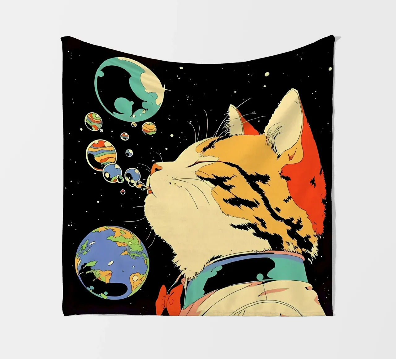 Space Cat Blowing Planet Bubbles – Colorful Sci-Fi Vector Ar fleece blanket by Mittelerde Atelier
