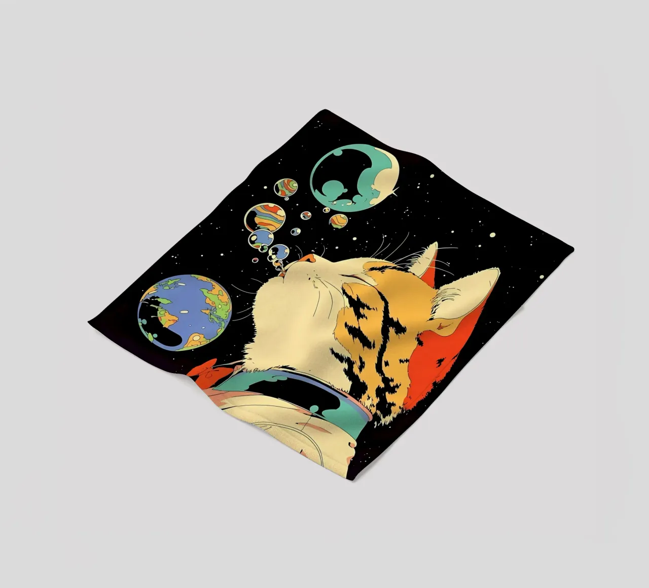 Space Cat Blowing Planet Bubbles – Colorful Sci-Fi Vector Ar fleece blanket by Mittelerde Atelier