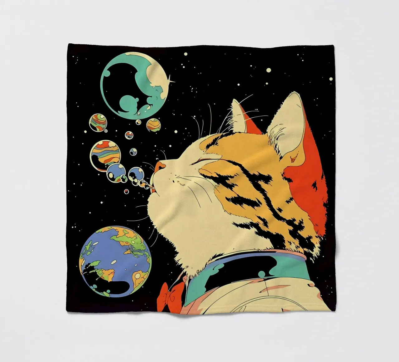 Space Cat Blowing Planet Bubbles – Colorful Sci-Fi Vector Ar fleece blanket by Mittelerde Atelier