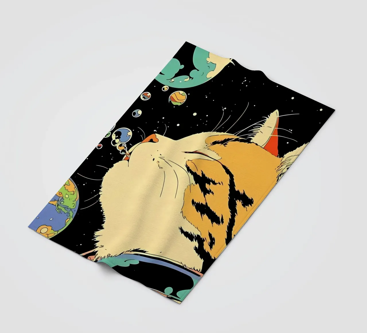 Space Cat Blowing Planet Bubbles – Colorful Sci-Fi Vector Ar fleece blanket by Mittelerde Atelier