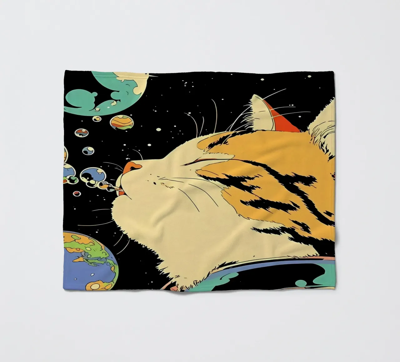 Space Cat Blowing Planet Bubbles – Colorful Sci-Fi Vector Ar fleece blanket by Mittelerde Atelier