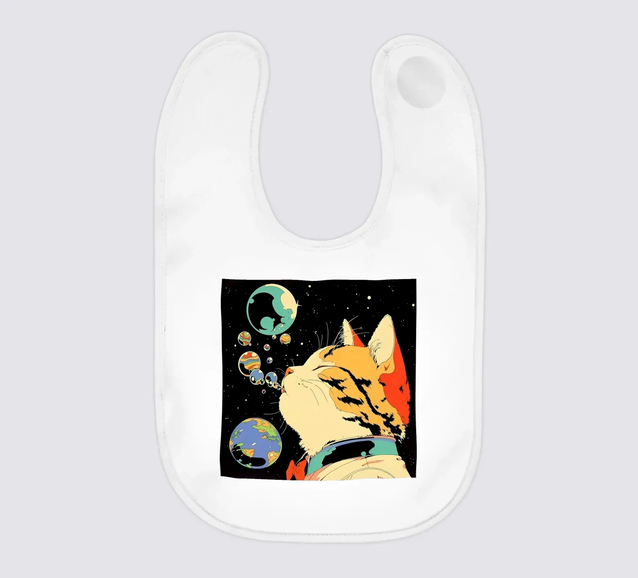 Space Cat Blowing Planet Bubbles - bunte Sci-Fi Vektor Ar Babylätzchen von Mittelerde Atelier