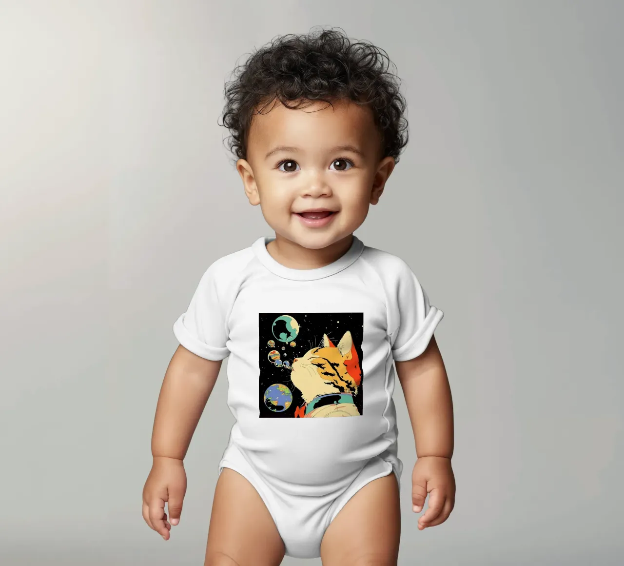 Space Cat Blowing Planet Bubbles – Colorful Sci-Fi Vector Ar short-sleeve baby romper by Mittelerde Atelier