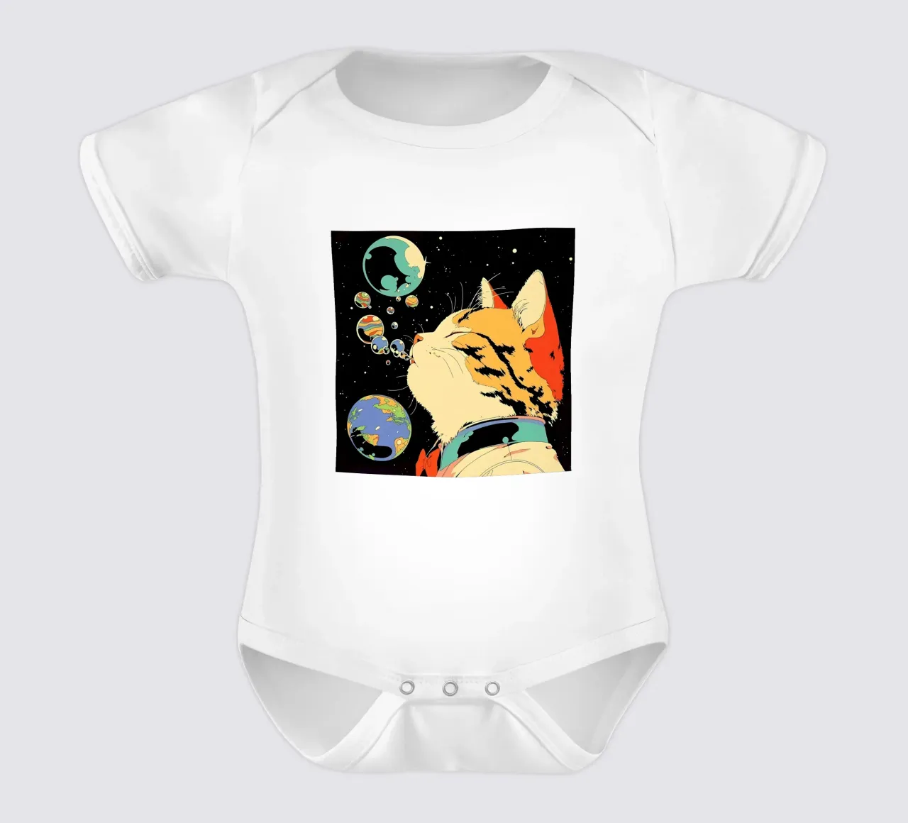 Space Cat Blowing Planet Bubbles – Colorful Sci-Fi Vector Ar short-sleeve baby romper by Mittelerde Atelier