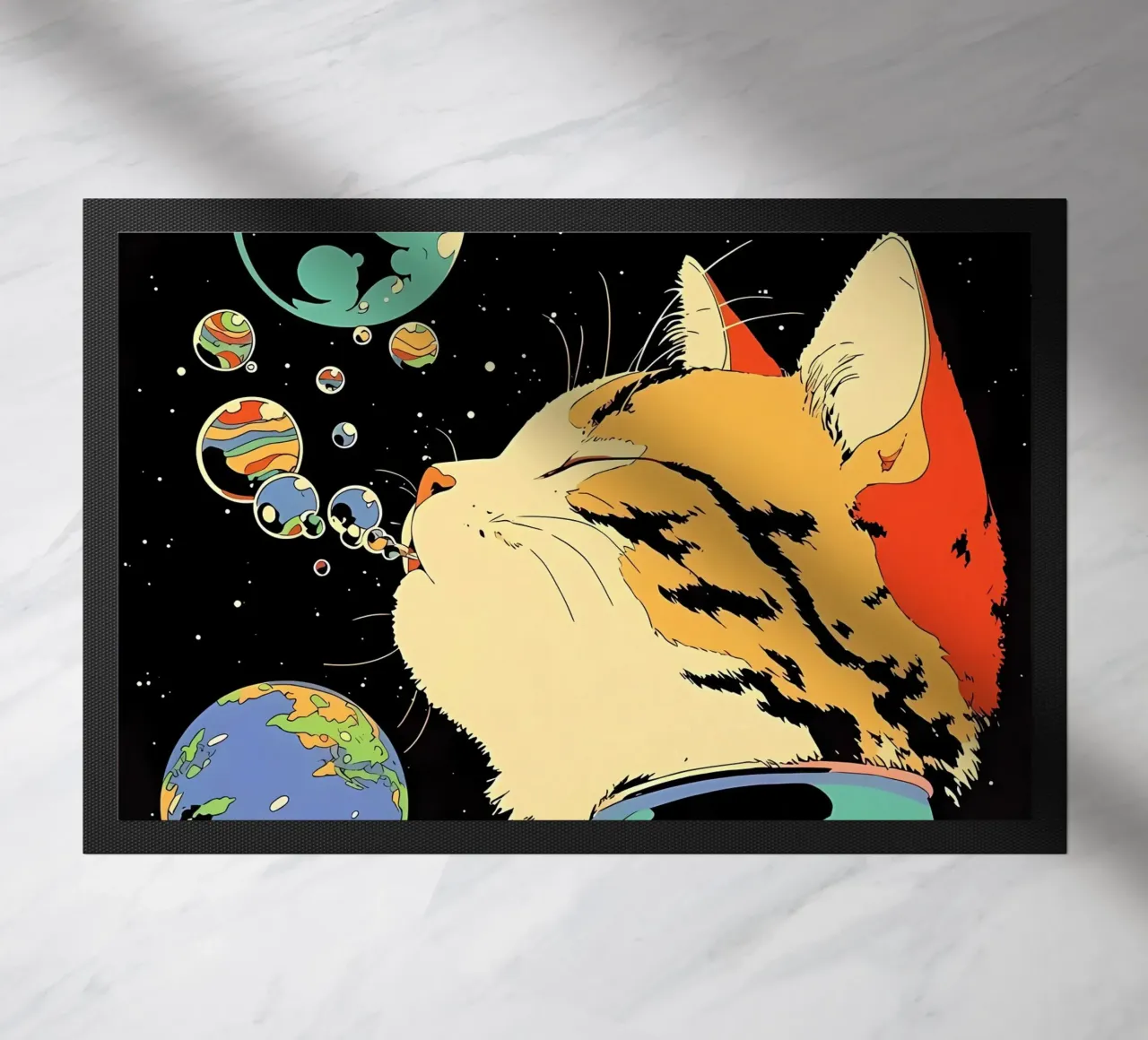 Space Cat Blowing Planet Bubbles – Colorful Sci-Fi Vector Ar doormat by Mittelerde Atelier