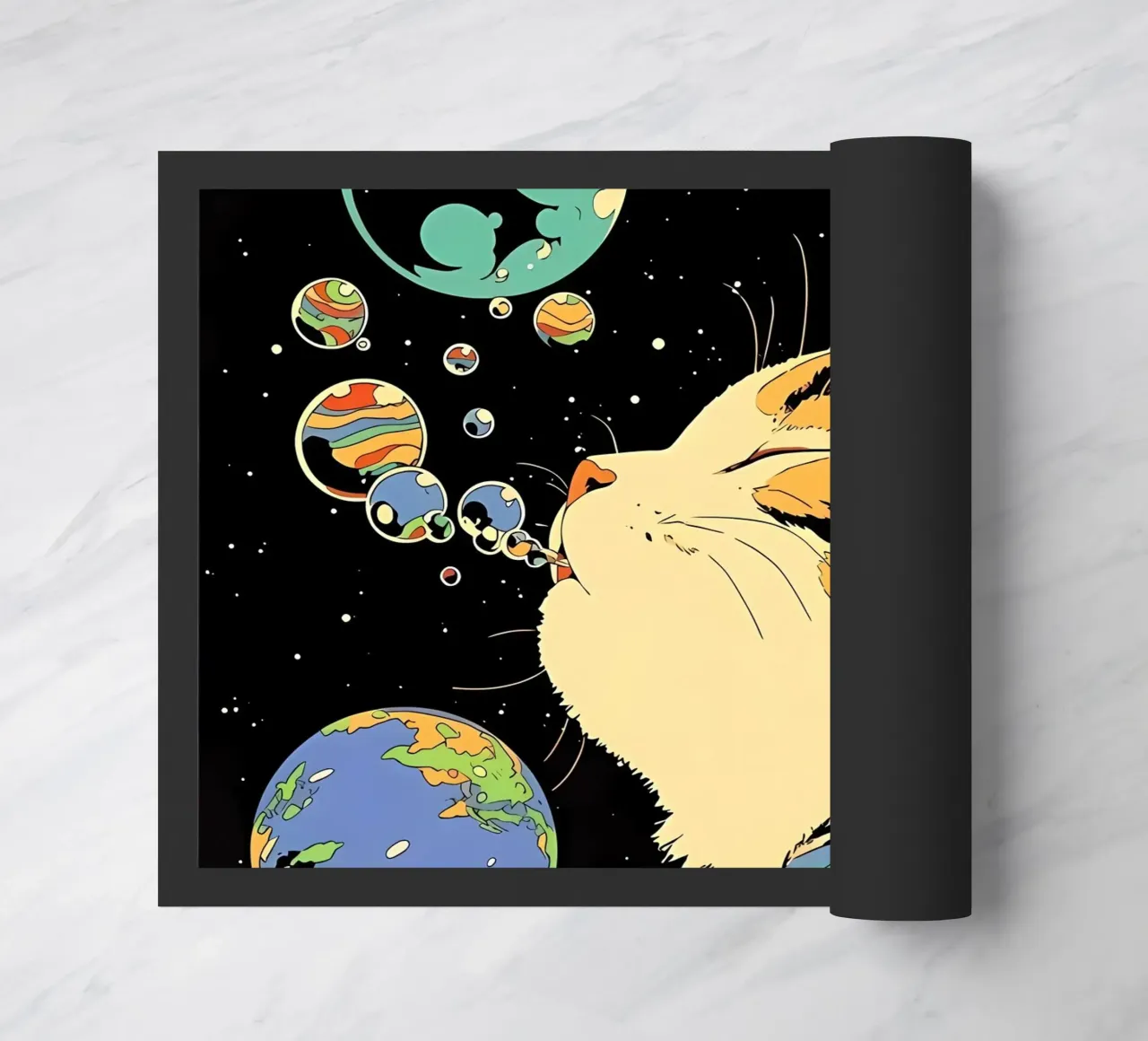Space Cat Blowing Planet Bubbles – Colorful Sci-Fi Vector Ar doormat by Mittelerde Atelier