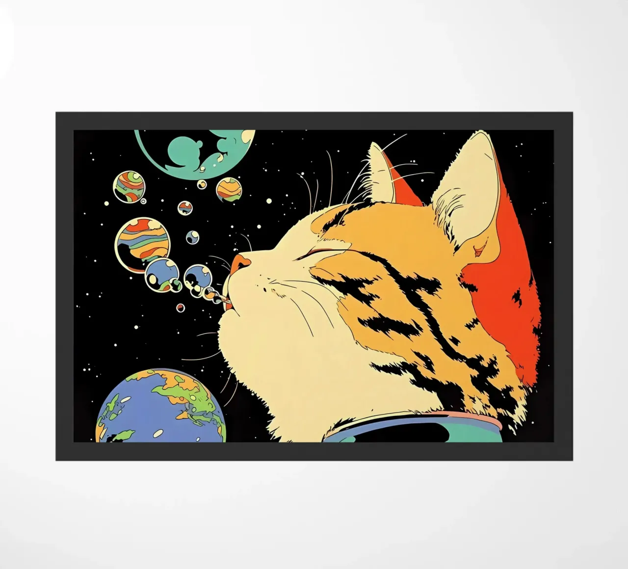 Space Cat Blowing Planet Bubbles – Colorful Sci-Fi Vector Ar doormat by Mittelerde Atelier