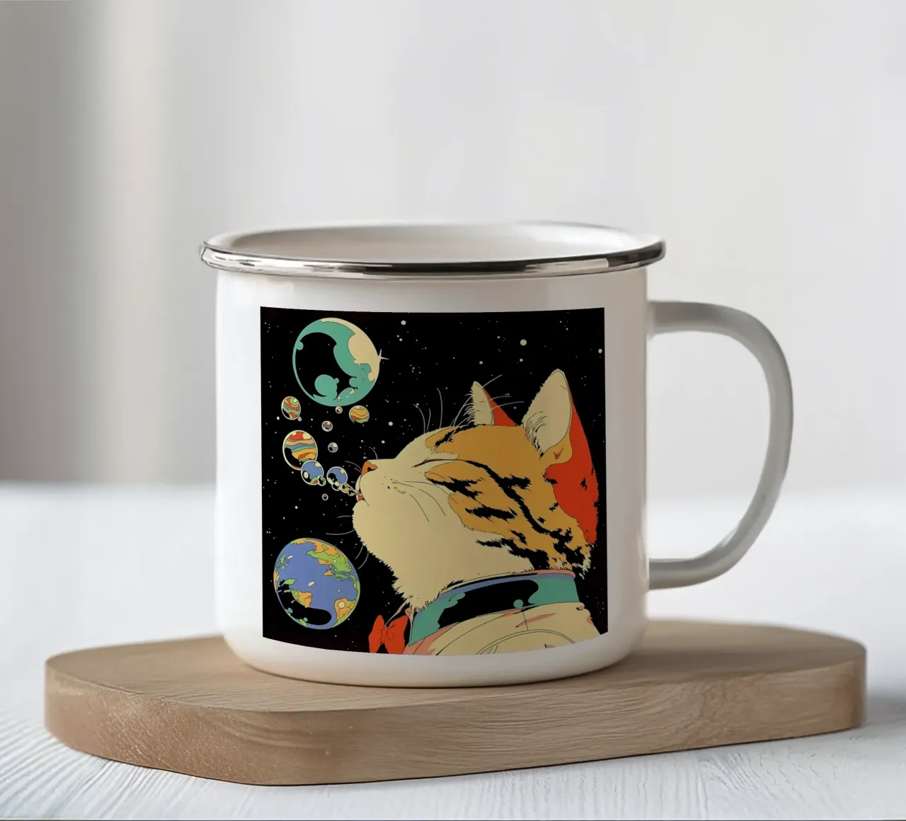 Space Cat Blowing Planet Bubbles – Colorful Sci-Fi Vector Ar enamel mug by Mittelerde Atelier