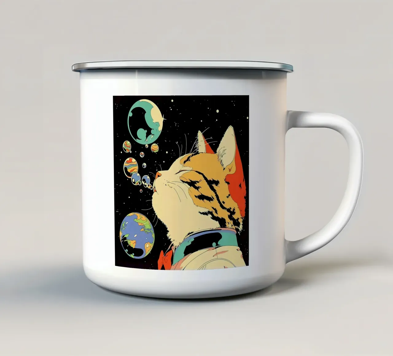 Space Cat Blowing Planet Bubbles – Colorful Sci-Fi Vector Ar enamel mug by Mittelerde Atelier