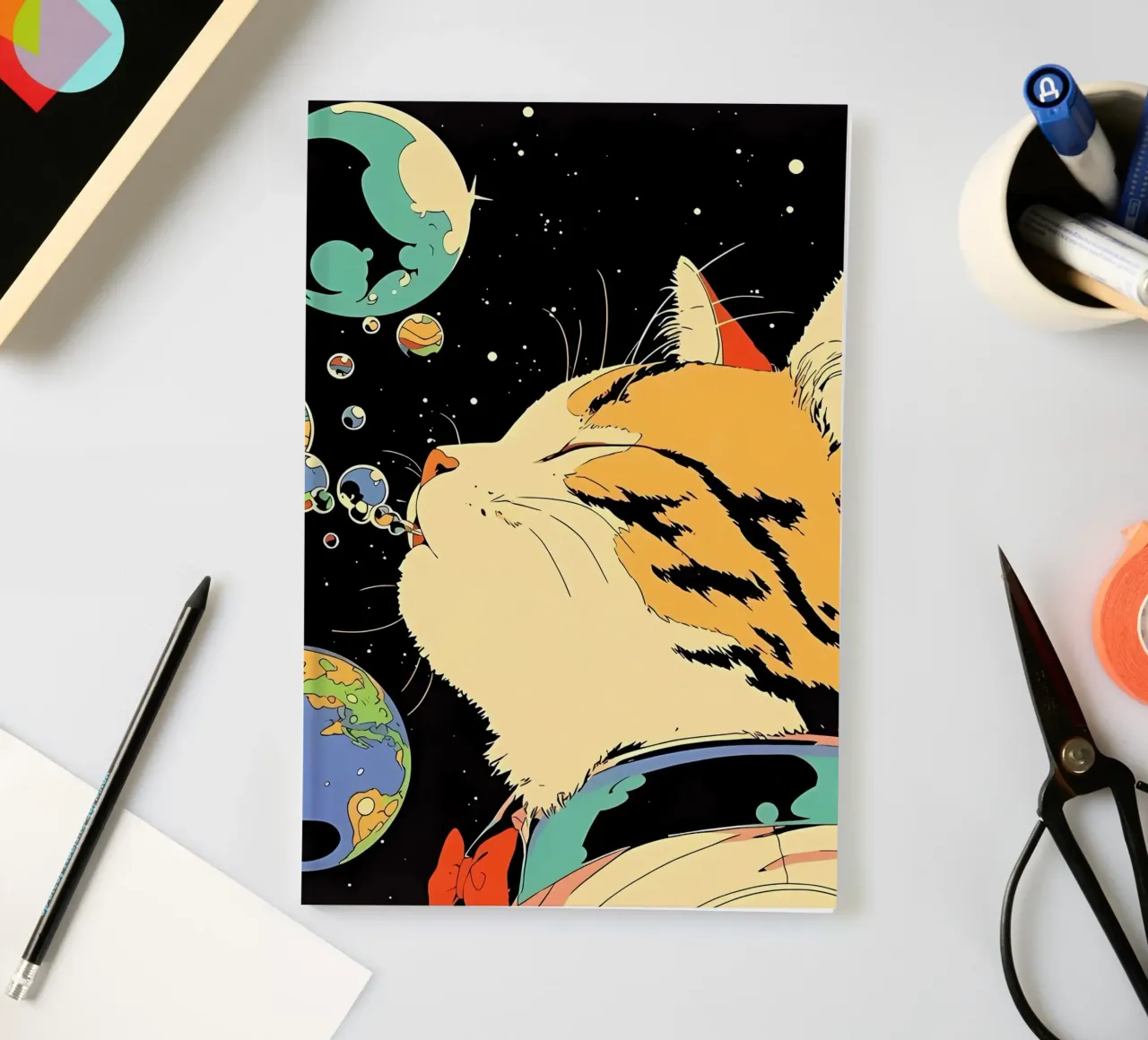 Space Cat Blowing Planet Bubbles – Colorful Sci-Fi Vector Ar notebook by Mittelerde Atelier