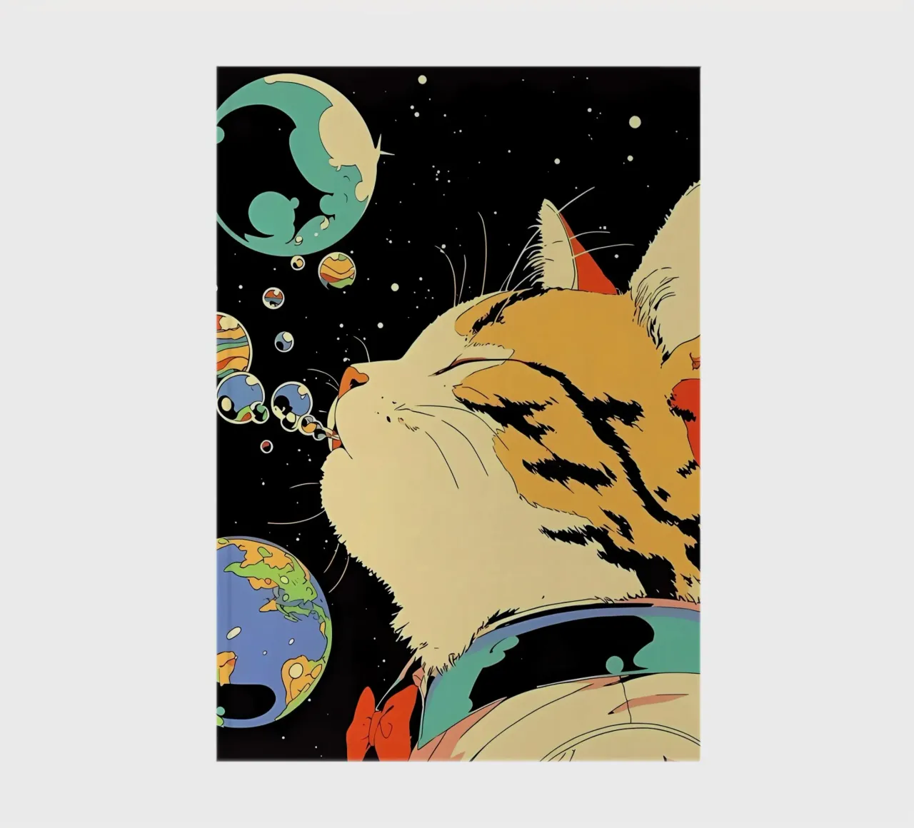 Space Cat Blowing Planet Bubbles – Colorful Sci-Fi Vector Ar notebook by Mittelerde Atelier