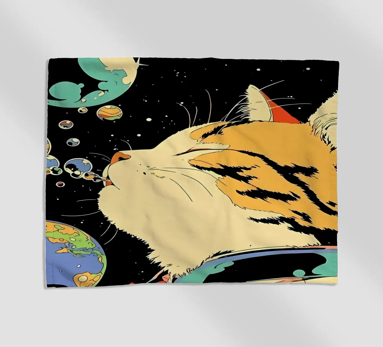 Space Cat Blowing Planet Bubbles – Colorful Sci-Fi Vector Ar beach towel by Mittelerde Atelier